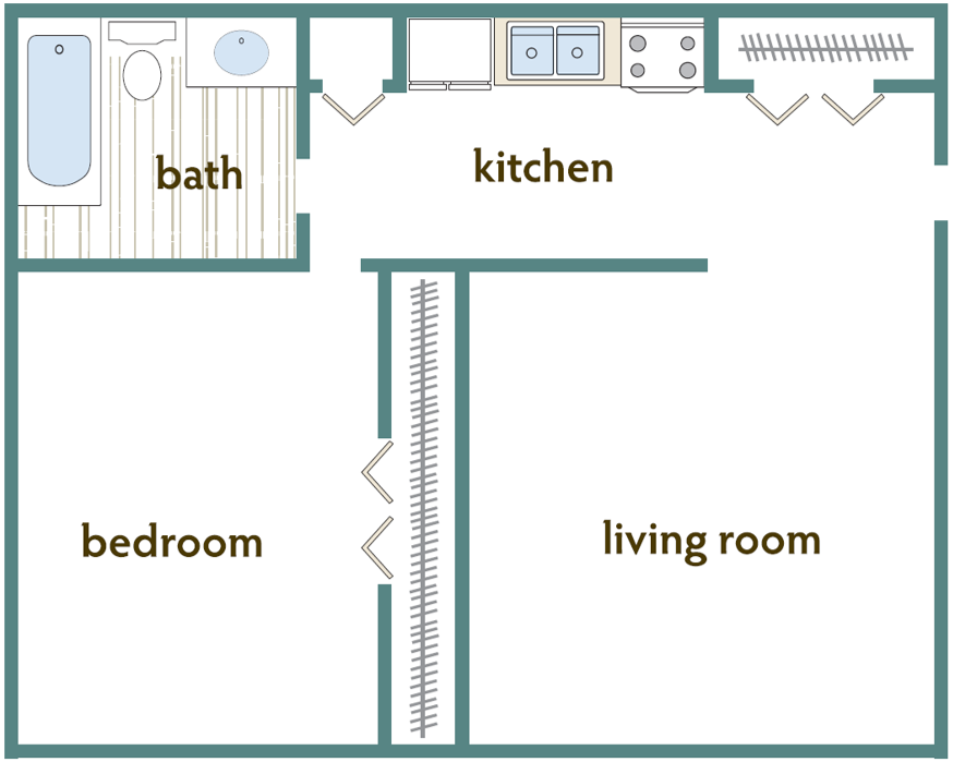 Floor plan for 1 bed, 1 bath, 600 sqft